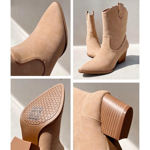 NEW Tan Distress Nubuck Faux Leather Pointy Toe Block Heel Western Ankle Boots - Picture 8 of 11